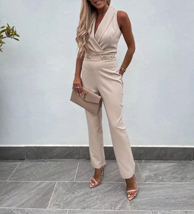 Summer Solid Slim Fit Backless Jumpsuit