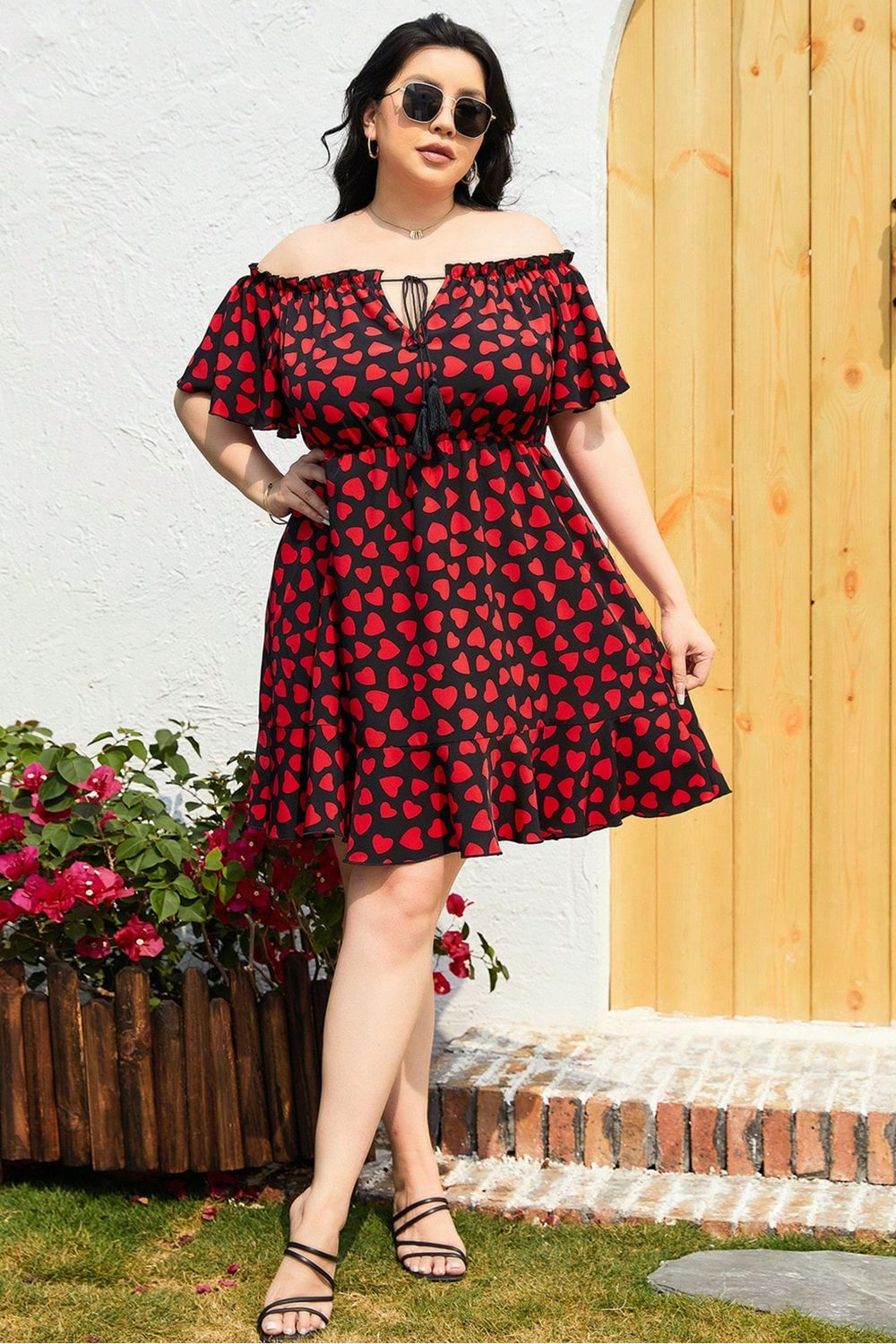 Heart Print Off-Shoulder Tied Dress