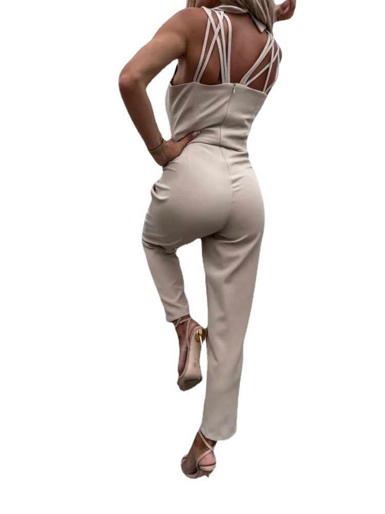 Summer Solid Slim Fit Backless Jumpsuit