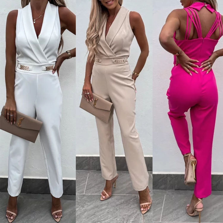 Summer Solid Slim Fit Backless Jumpsuit