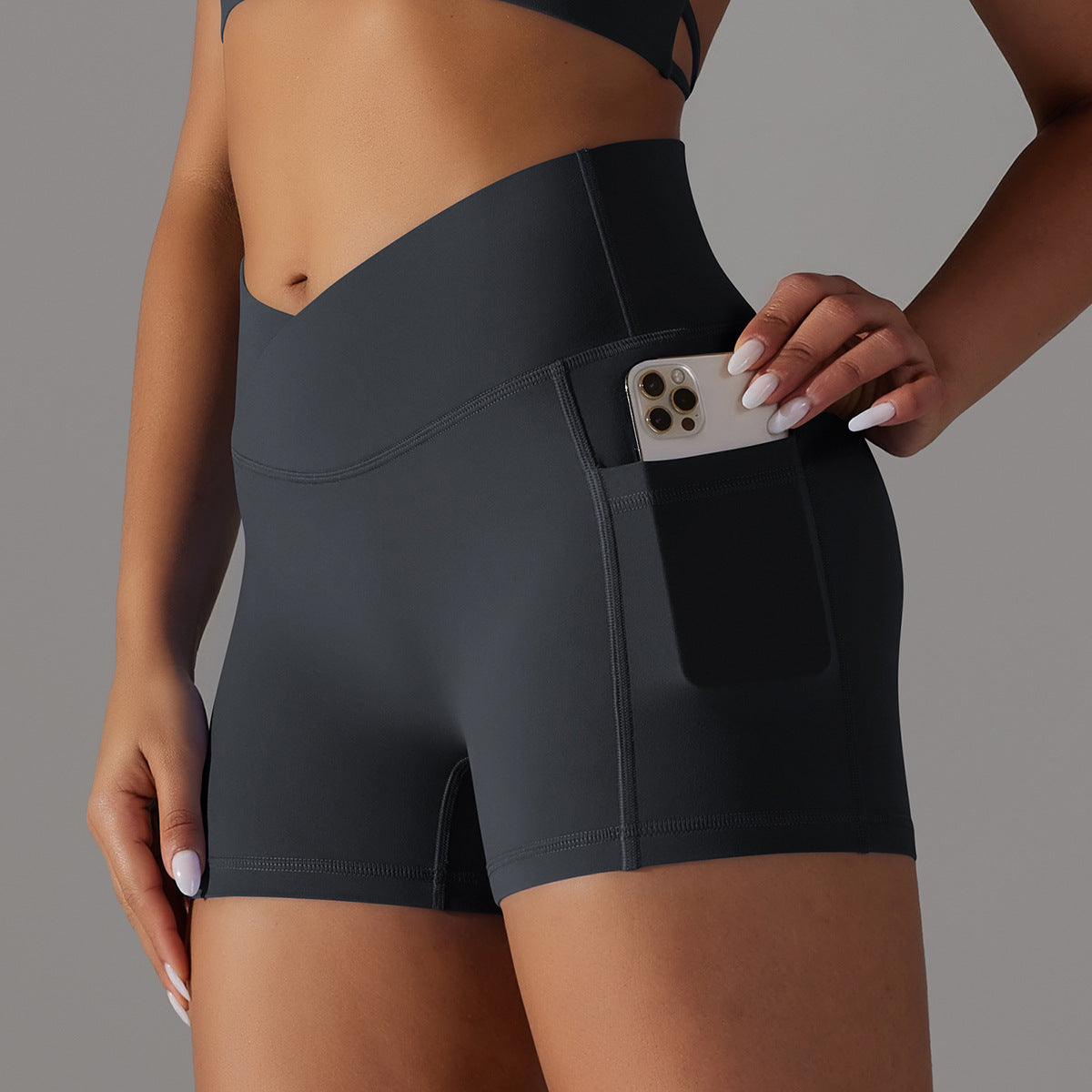 Yoga Shorts With Phone Pocket Ruched Design