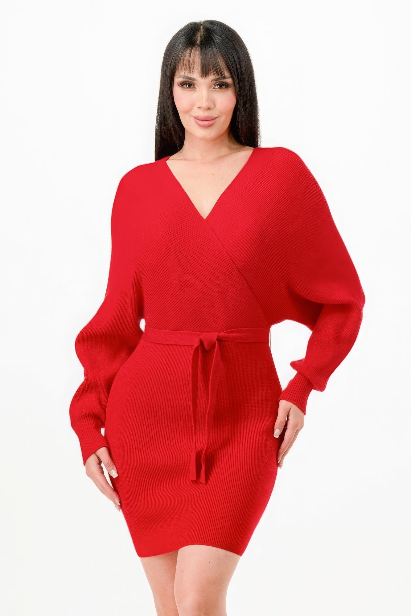 Off Shoulder Wrap Belted Sweather Dress