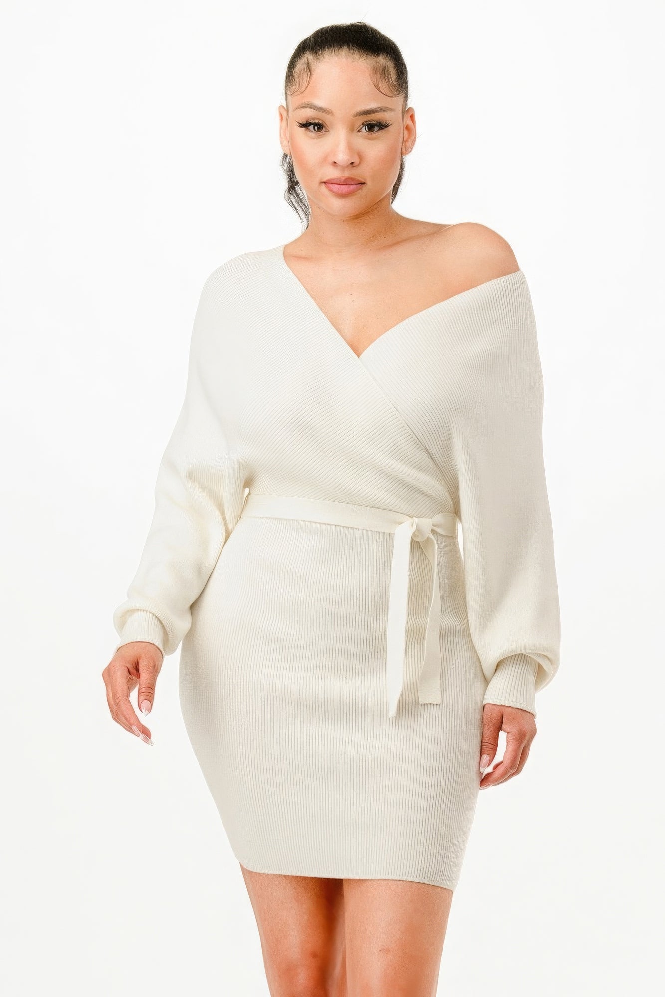 Off Shoulder Wrap Belted Sweather Dress