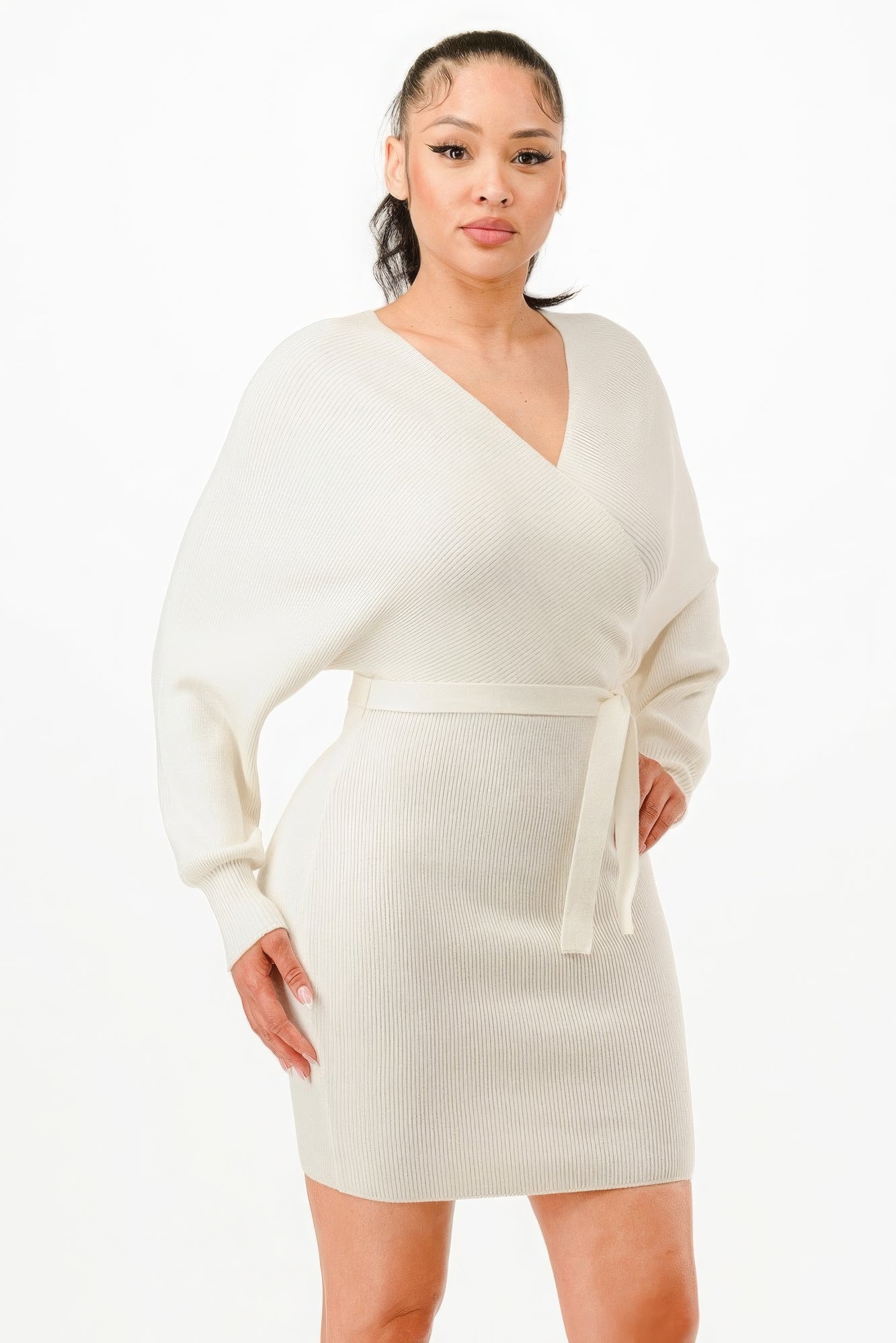 Off Shoulder Wrap Belted Sweather Dress