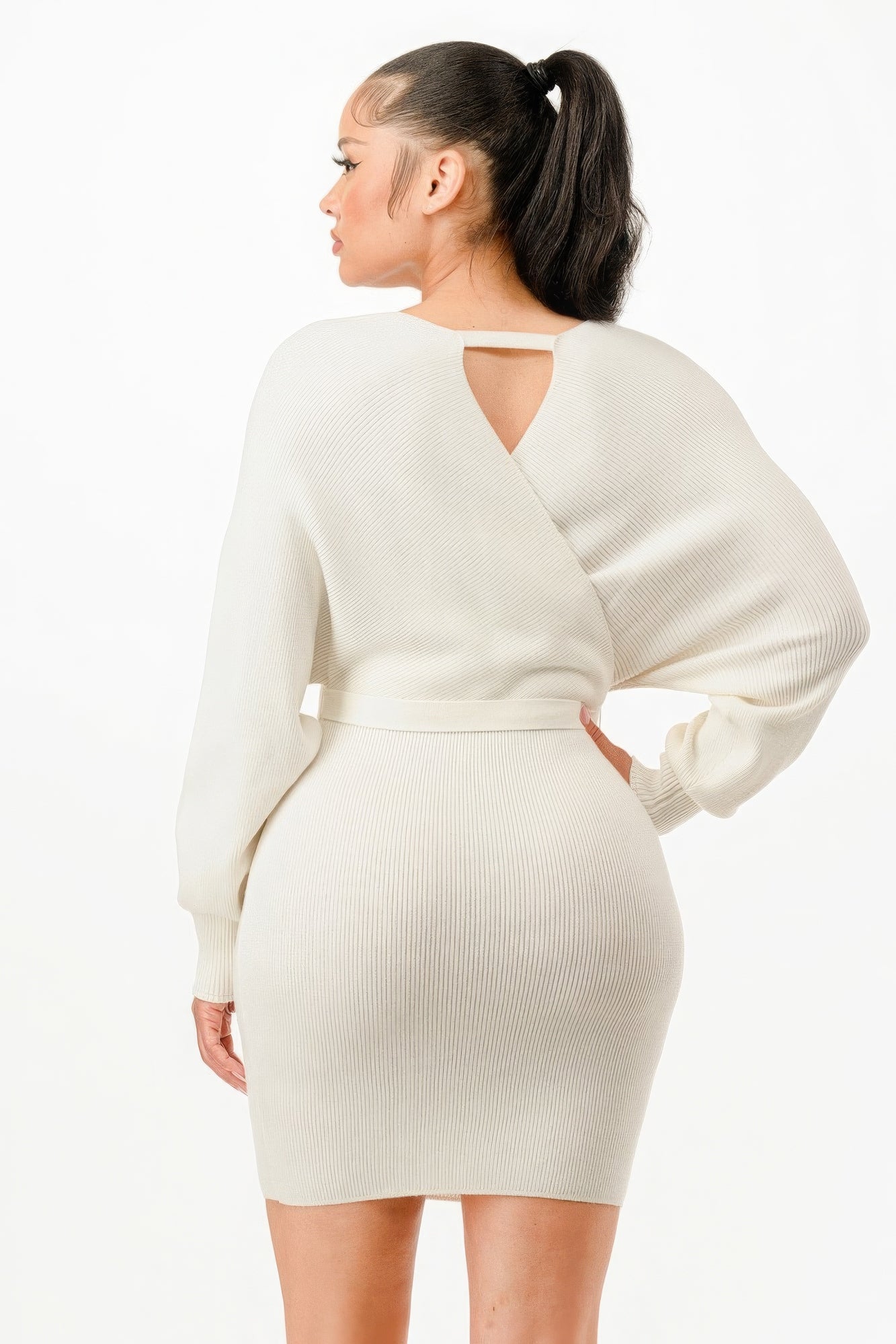 Off Shoulder Wrap Belted Sweather Dress