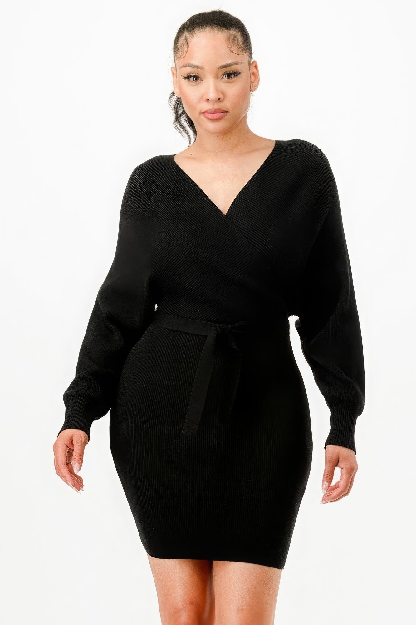 Off Shoulder Wrap Belted Sweather Dress