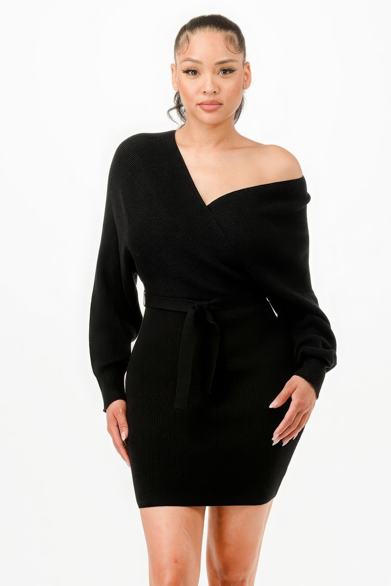 Off Shoulder Wrap Belted Sweather Dress