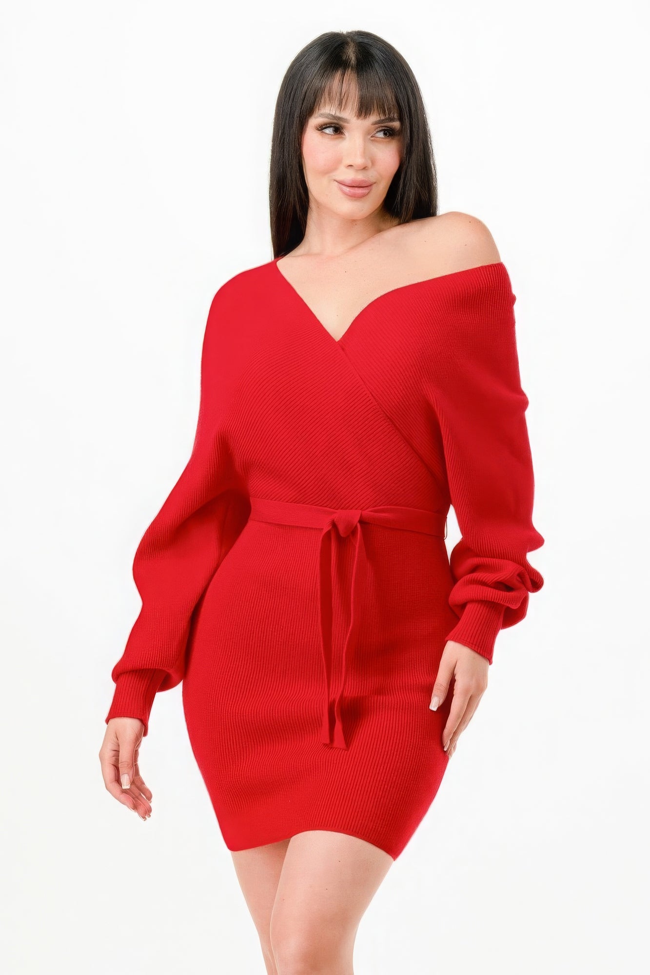 Off Shoulder Wrap Belted Sweather Dress