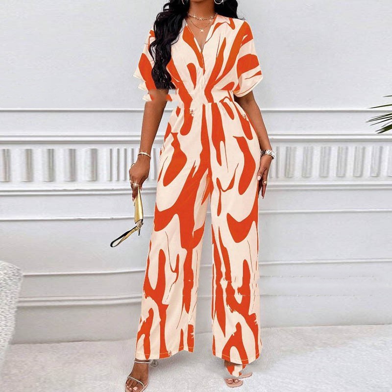 V-neck Loose Printed Jumpsuit