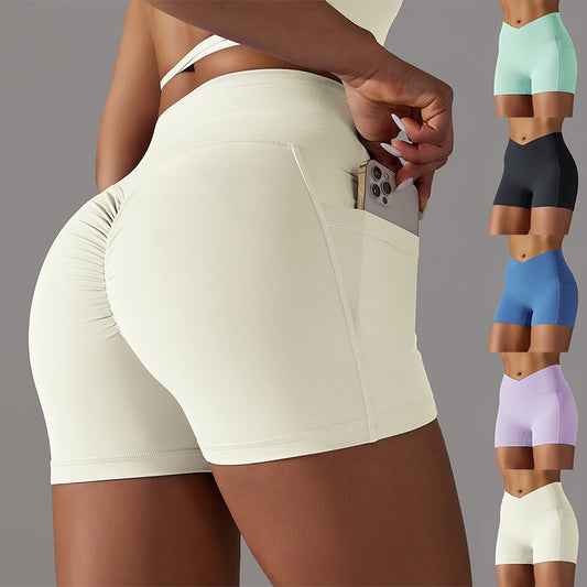 Yoga Shorts With Phone Pocket Ruched Design