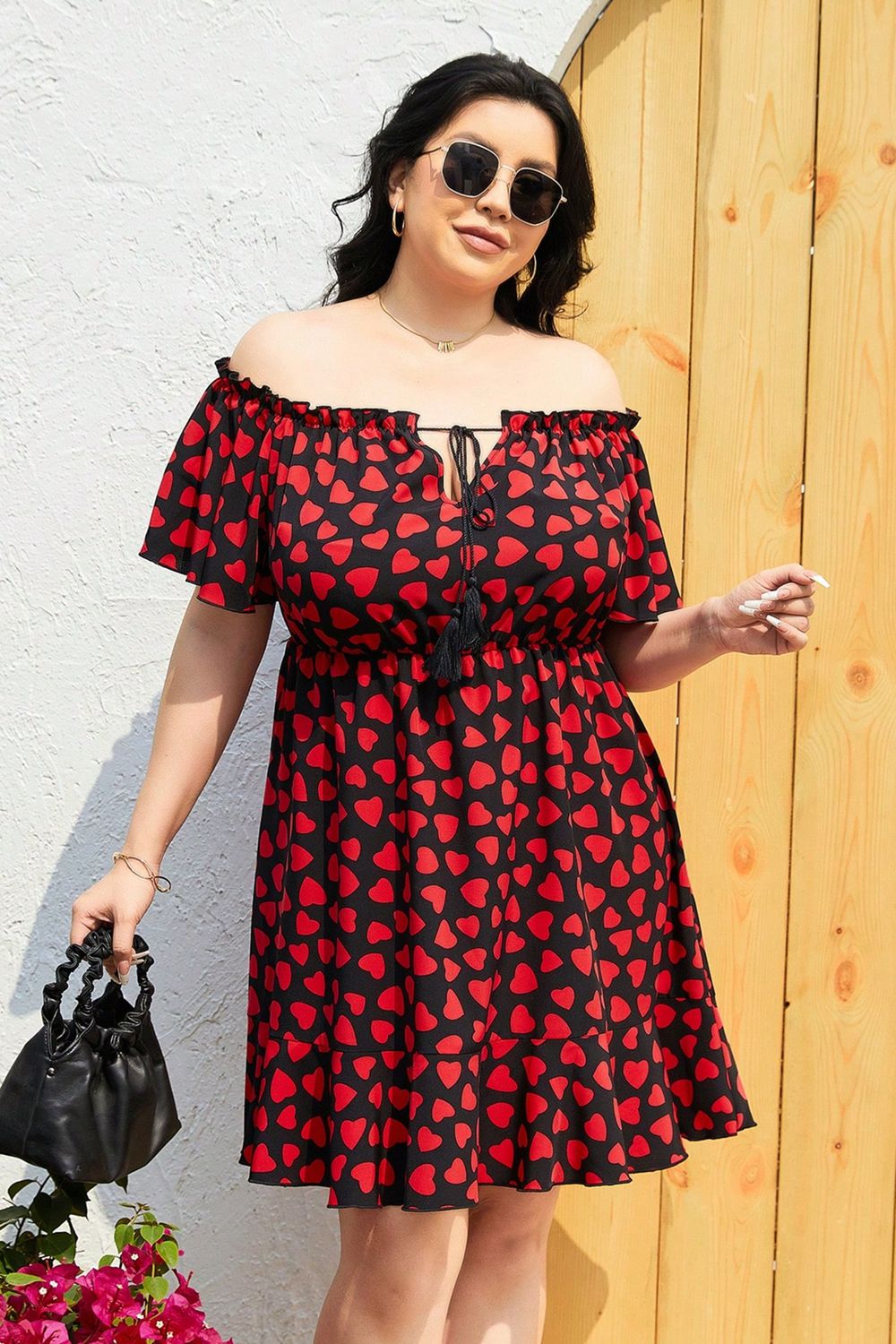 Heart Print Off-Shoulder Tied Dress