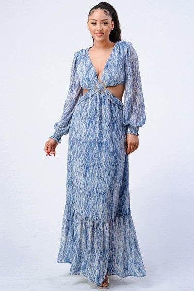 Printed V Neck Belted Cut Out Ruffled Maxi Dress