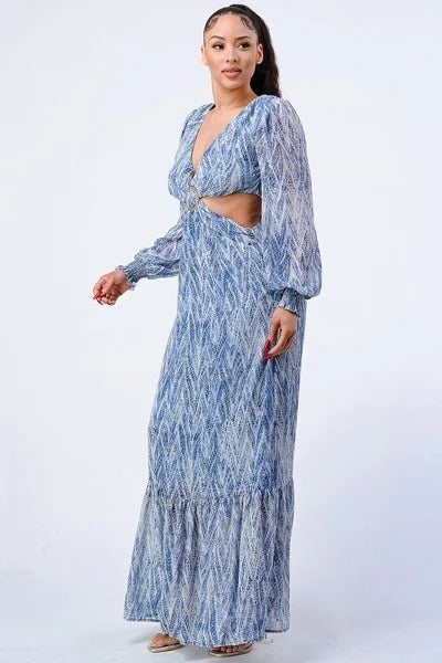 Printed V Neck Belted Cut Out Ruffled Maxi Dress