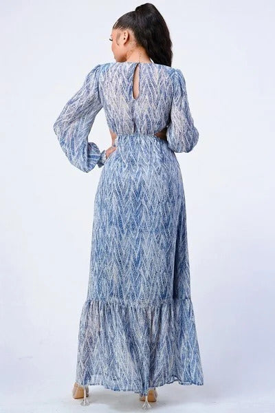 Printed V Neck Belted Cut Out Ruffled Maxi Dress