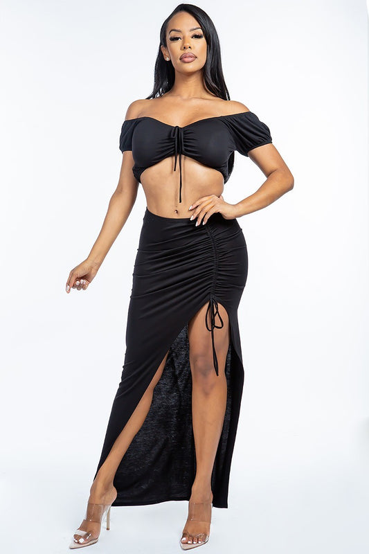 Solid Ruched Front Off The Shoulder Cropped Top And Asymmetrical Skirt  Set