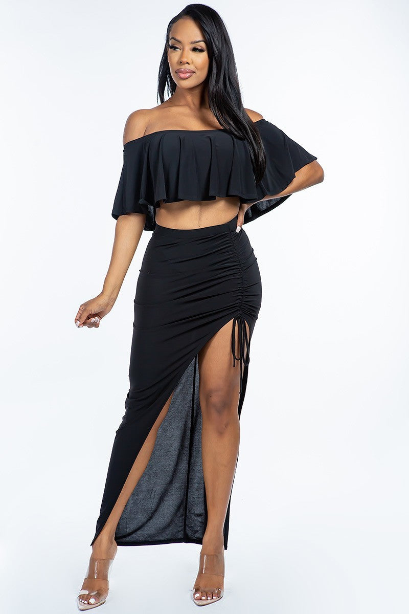 Solid Ity Off The Shoulder Ruffled Cropped Top And Maxi Skirt Set