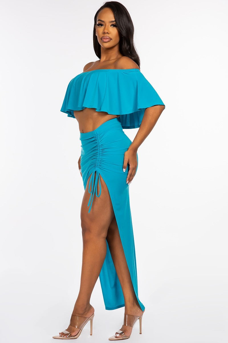 Solid Ity Off The Shoulder Ruffled Cropped Top And Maxi Skirt Set