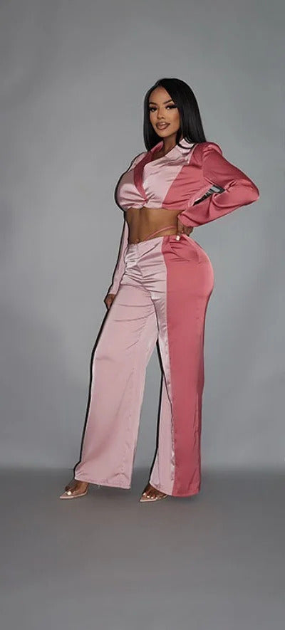 Colorblock Crop Blazer With Matching Low Rise Wide Leg Pant Set With Pockets