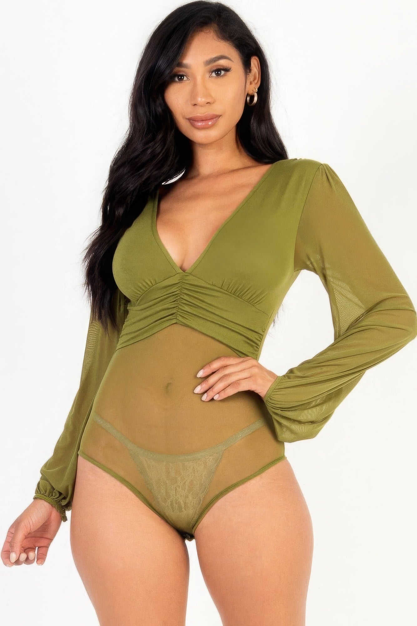 Mesh Sleeved Deep V-neck bodysuit