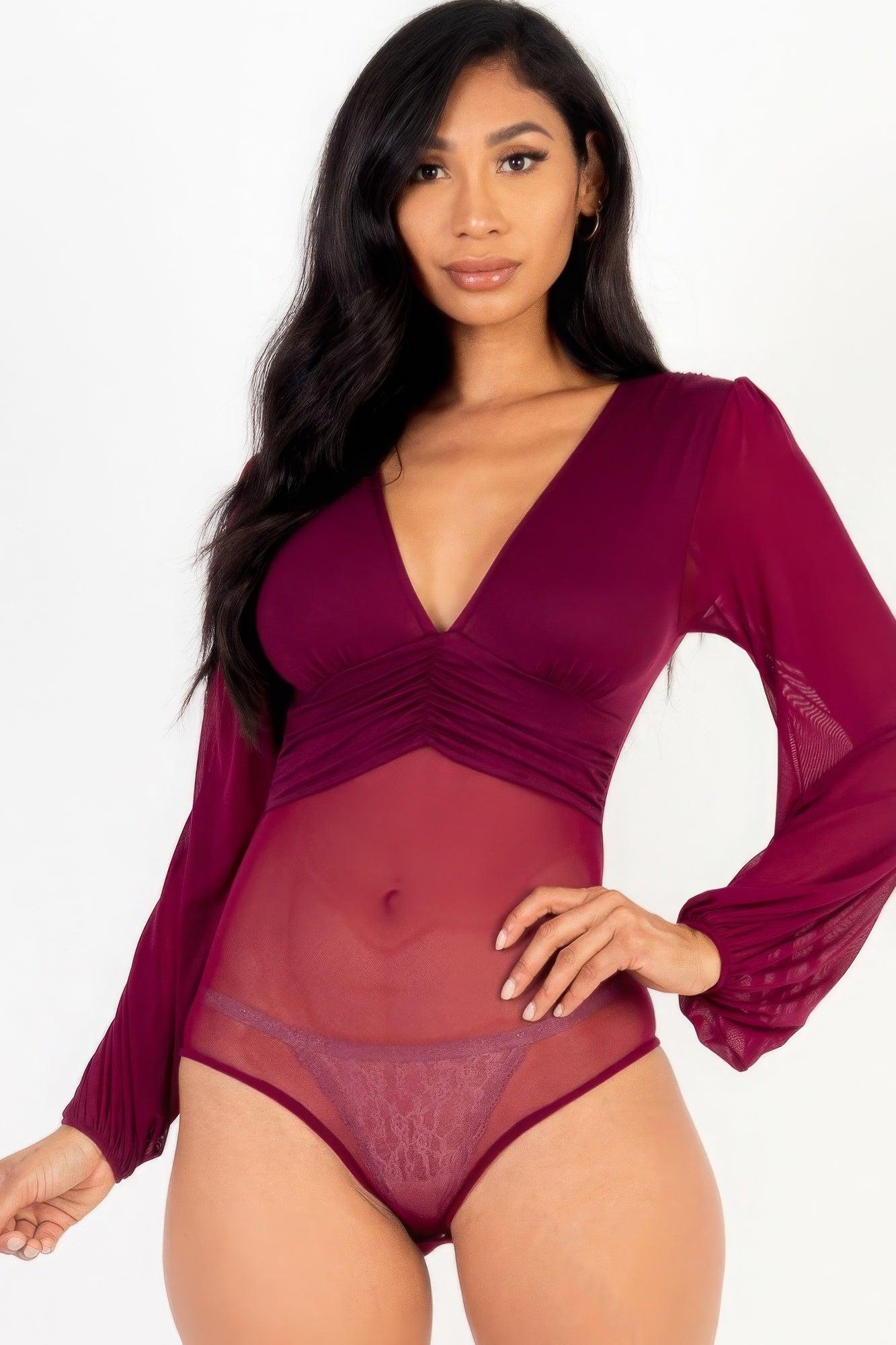 Mesh Sleeved Deep V-neck bodysuit