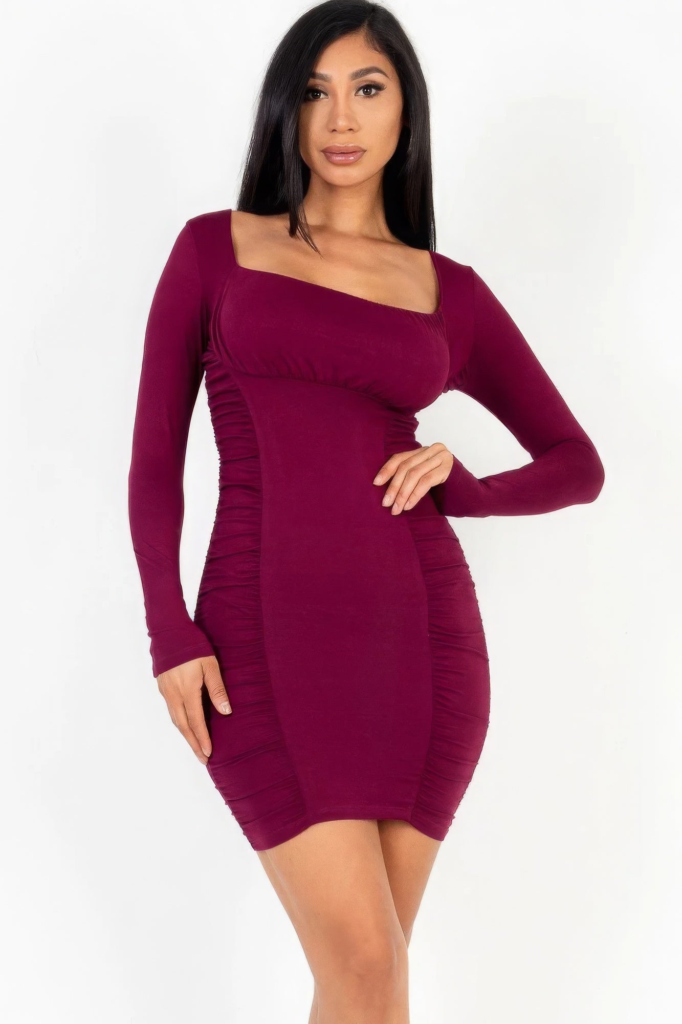 U-neck Sleeved  Bodycon Mini Dress