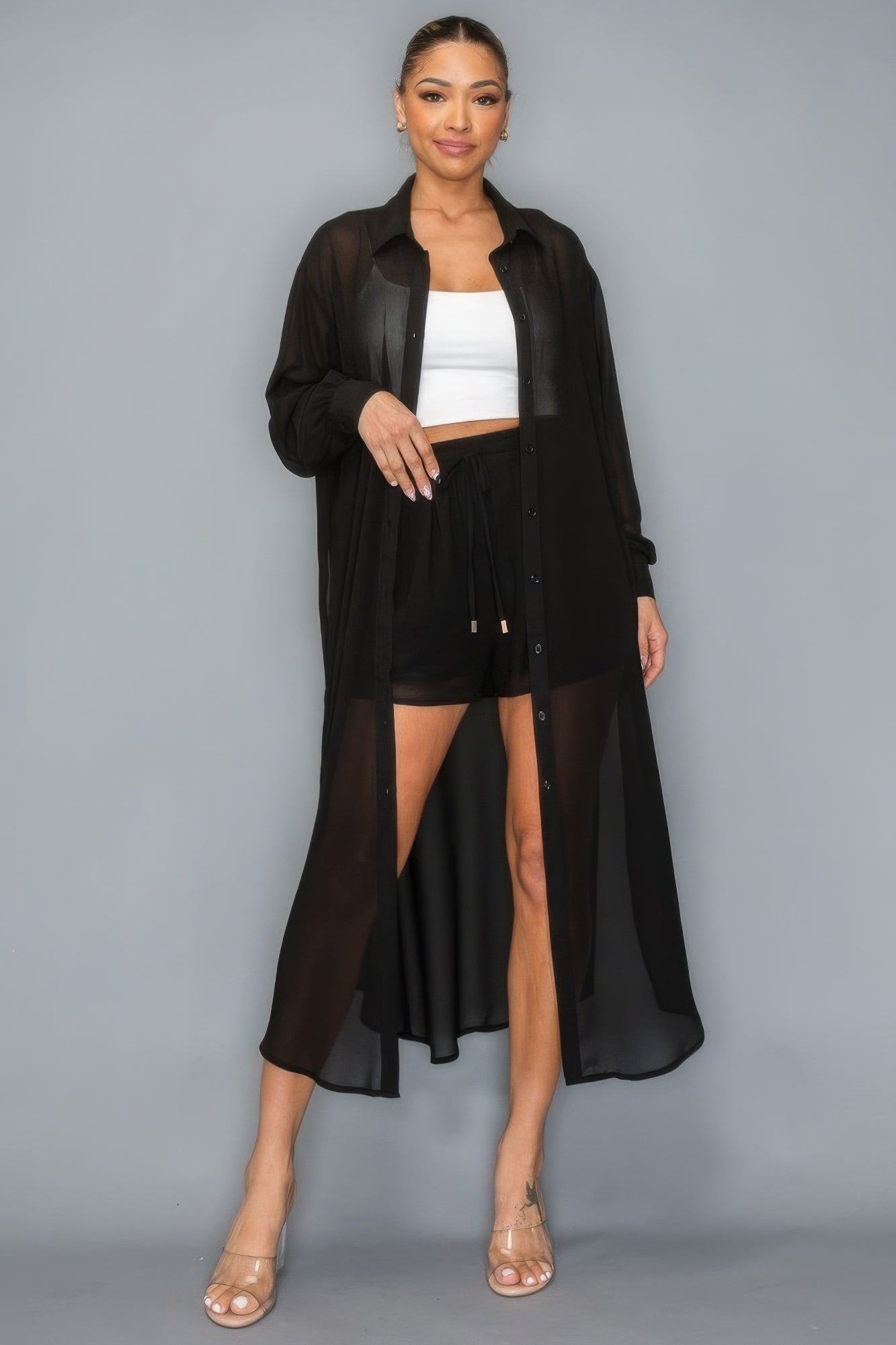 Chiffon Button Sleeved Side Slit Top With Short Set