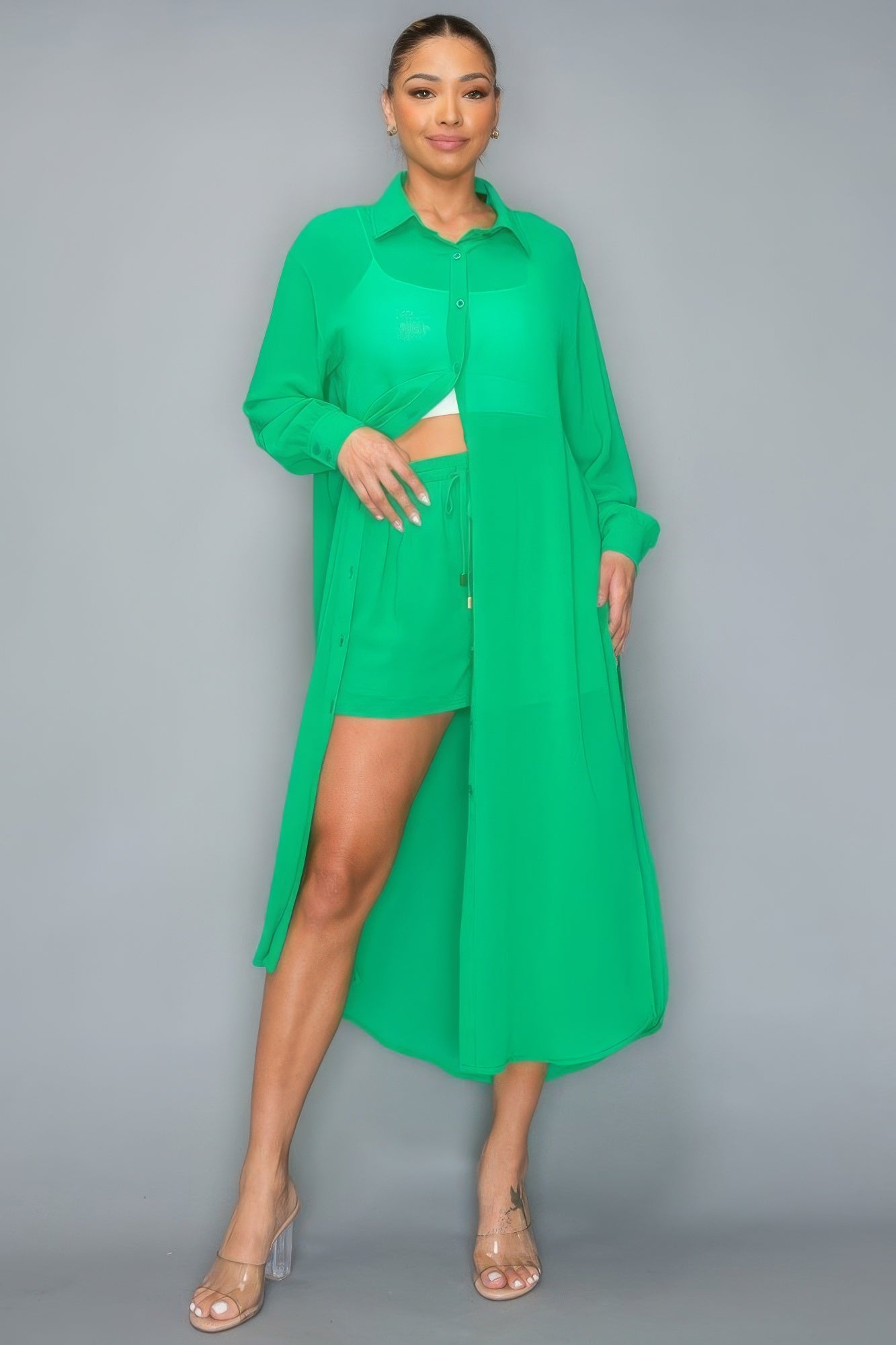 Chiffon Button Sleeved Side Slit Top With Short Set