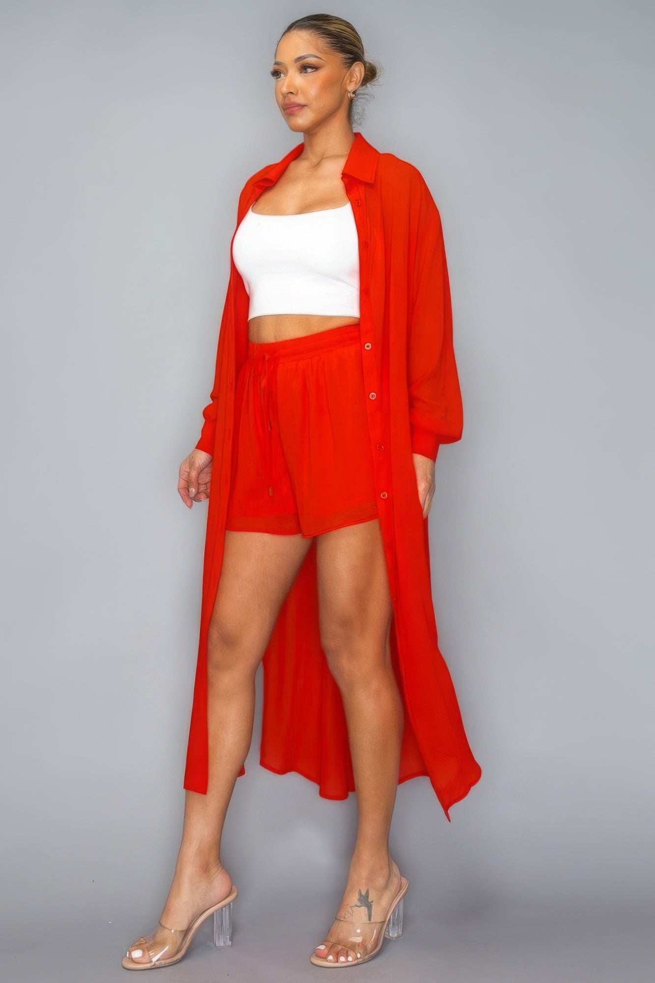 Chiffon Button Sleeved Side Slit Top With Short Set